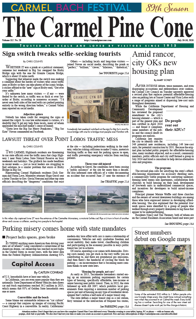 The Carmel Pine Cone's front page for this week